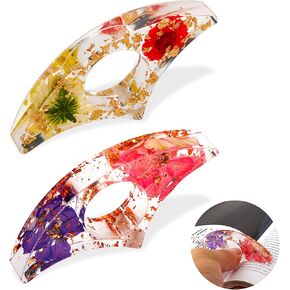 Dried Flower Book Page Holder, 2 Pcs Resin Clear Floral Book Holder Thumb Reading Ring Book Opener Reading Accessories for Readers Book Lovers Bookworm Bookmarks (Style-B)