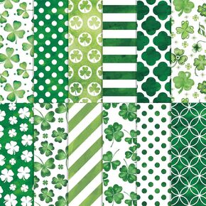 12Pcs St. Patrick's Day Cotton Fabric Bundles Watercolor Shamrock Dot Stripe Fat Quarters White Green Irish Holiday Sewing Fabrics for DIY Craft Party Decor, 18 x 22 Inch