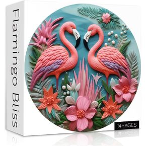 Pink Flamingo Puzzles for Adults 1000 Pieces, Impossible Bird Flower Jigsaw Puzzles, Round Art Challenging Animal Puzzle as Wall Decor