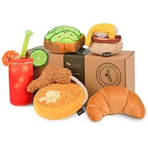 P.L.A.Y. Cute Plush Dog Toys - Brunch Breakfast Food Themed Durable Squeaker Chew Toys, Great for Puppies & Small, Medium, Large Dogs - Machine Washable, Recycled Materials (5 Piece Set, X-Small)
