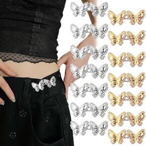 14 Sets Butterfly Rhinestones Jeans Button Pant Waist Tightener, Adjustable Waist Buckle Set, Need Sew Detachable Decorative Waist Buckles, Jean Buttons Pins for Loose Jeans, Pants, Skirts, Sleeves