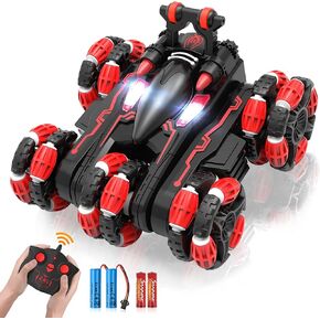 Eulogia RC Stunt Car with Deformable Wheel Arm, 2 Rechargeable Batteries, Lights, 360° Rotation, One-Key Demo, 2.4GHz All-Terrain Toys Gift for 4-7 Boys Girls Kids Christmas Birthday Gifts