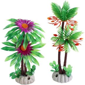 Pokinge 2pcs Mini Coconut Palm Tree Artificial Aquarium Plants with Base,Lifelike Plastic Palm Tree Aquatic Water Weeds,Fish Tank Water Plant Grass Ornament