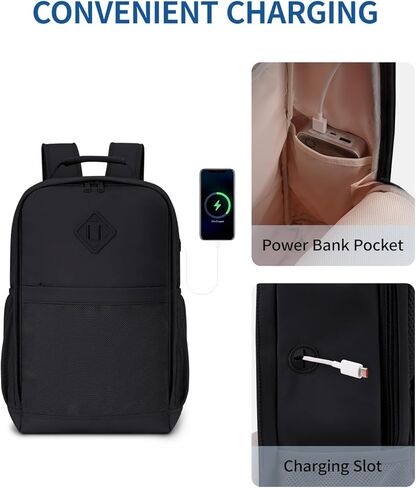 ECOHUB Travel Backpack for Women Men, 17.3" Laptop Backpack with Hat Clip Water-Resistant Carry On Casual Daypack Lightweight Personal Item Bag with USB Charging Port for Business Travel School, Black in Kuwait