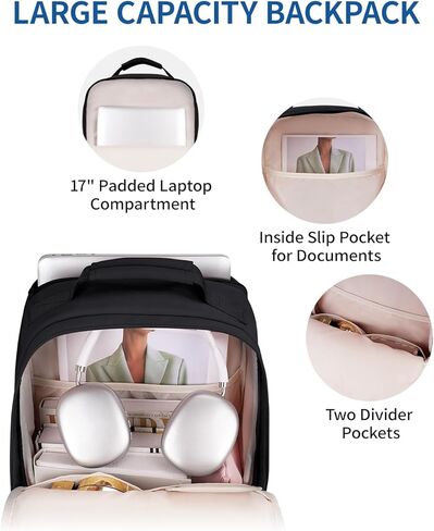 ECOHUB Travel Backpack for Women Men, 17.3" Laptop Backpack with Hat Clip Water-Resistant Carry On Casual Daypack Lightweight Personal Item Bag with USB Charging Port for Business Travel School, Black in Kuwait