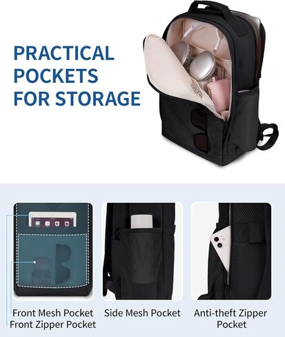 ECOHUB Travel Backpack for Women Men, 17.3" Laptop Backpack with Hat Clip Water-Resistant Carry On Casual Daypack Lightweight Personal Item Bag with USB Charging Port for Business Travel School, Black in Kuwait