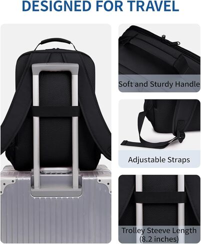 ECOHUB Travel Backpack for Women Men, 17.3" Laptop Backpack with Hat Clip Water-Resistant Carry On Casual Daypack Lightweight Personal Item Bag with USB Charging Port for Business Travel School, Black in Kuwait