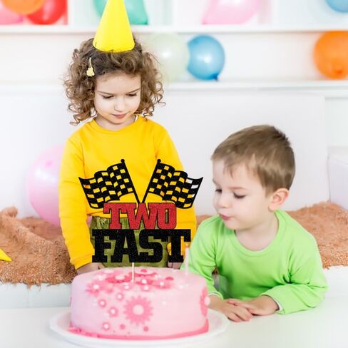 Two Fast Cake Topper-2nd Birthday - Topper For Photo Booth Props & Backdrop Cake-Chequered Flag Race Car Themed Suppllies-2nd Decor Boy or girl in Kuwait