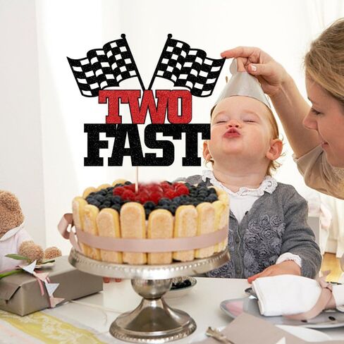 Two Fast Cake Topper-2nd Birthday - Topper For Photo Booth Props & Backdrop Cake-Chequered Flag Race Car Themed Suppllies-2nd Decor Boy or girl in Kuwait
