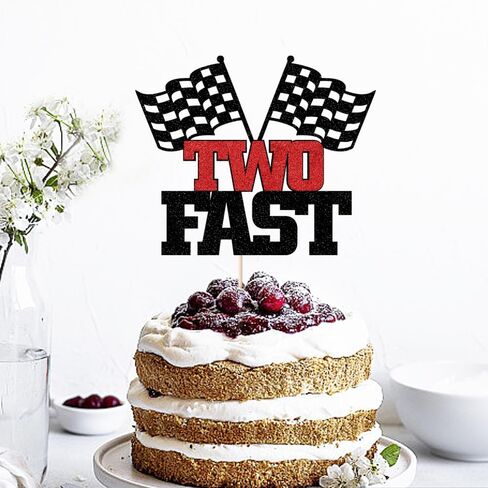 Two Fast Cake Topper-2nd Birthday - Topper For Photo Booth Props & Backdrop Cake-Chequered Flag Race Car Themed Suppllies-2nd Decor Boy or girl in Kuwait