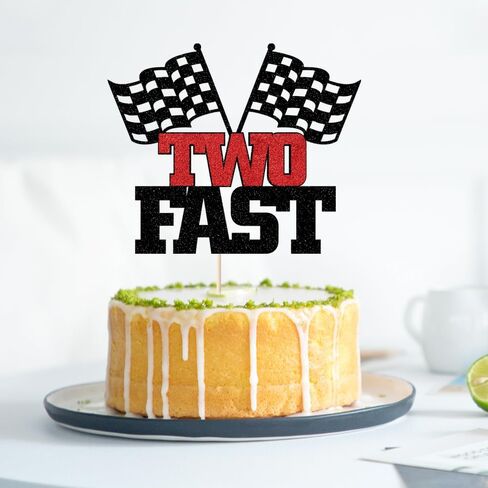 Two Fast Cake Topper-2nd Birthday - Topper For Photo Booth Props & Backdrop Cake-Chequered Flag Race Car Themed Suppllies-2nd Decor Boy or girl in Kuwait