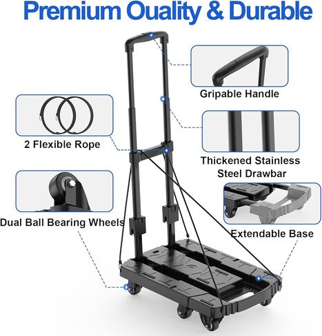 شاحنة يدوية قابلة للطي، عربة دوللي شديدة التحمل مثبتة مسبقًا بوزن 600 رطل، عربة أمتعة قابلة للطي ذات 6 عجلات مع حبلين مرنين للأمتعة والسفر والتحرك والتسوق والاستخدام المكتبي in Kuwait
