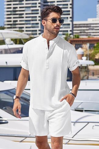 COOFANDY Mens Short Sets 2 Pieces Outfits Casual Short Sleeve Henley Shirts and Pants Set Summer Vacation Beach Linen Sets in Saudi Arabia