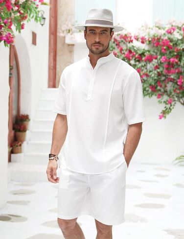 COOFANDY Mens Short Sets 2 Pieces Outfits Casual Short Sleeve Henley Shirts and Pants Set Summer Vacation Beach Linen Sets in Saudi Arabia