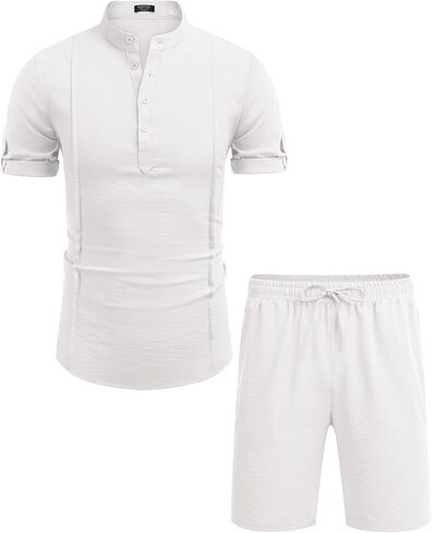 COOFANDY Mens Short Sets 2 Pieces Outfits Casual Short Sleeve Henley Shirts and Pants Set Summer Vacation Beach Linen Sets in Saudi Arabia