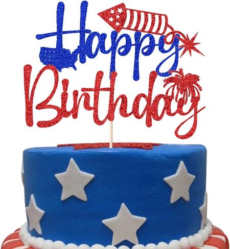 4th of July Happy Birthday Cake Topper,4th of July Cake Decorations,Patriotic Birthday Party Decorations Red and Blue Glitter Firework Independence Day For Veterans’ Day Theme Party Supplies in Kuwait