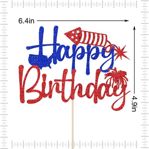 4th of July Happy Birthday Cake Topper,4th of July Cake Decorations,Patriotic Birthday Party Decorations Red and Blue Glitter Firework Independence Day For Veterans’ Day Theme Party Supplies in Kuwait