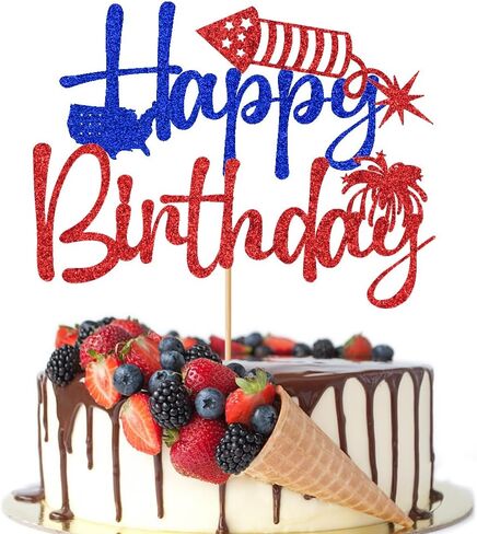 4th of July Happy Birthday Cake Topper,4th of July Cake Decorations,Patriotic Birthday Party Decorations Red and Blue Glitter Firework Independence Day For Veterans’ Day Theme Party Supplies in Kuwait