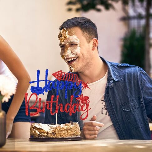 4th of July Happy Birthday Cake Topper,4th of July Cake Decorations,Patriotic Birthday Party Decorations Red and Blue Glitter Firework Independence Day For Veterans’ Day Theme Party Supplies in Kuwait
