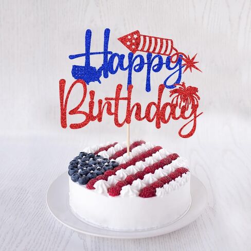 4th of July Happy Birthday Cake Topper,4th of July Cake Decorations,Patriotic Birthday Party Decorations Red and Blue Glitter Firework Independence Day For Veterans’ Day Theme Party Supplies in Kuwait