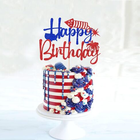 4th of July Happy Birthday Cake Topper,4th of July Cake Decorations,Patriotic Birthday Party Decorations Red and Blue Glitter Firework Independence Day For Veterans’ Day Theme Party Supplies in Kuwait
