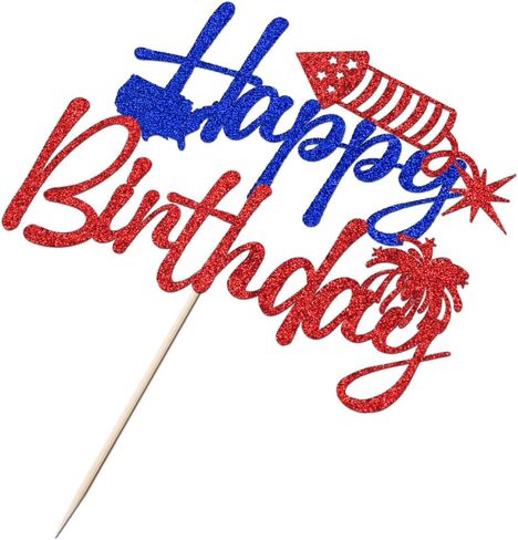 4th of July Happy Birthday Cake Topper,4th of July Cake Decorations,Patriotic Birthday Party Decorations Red and Blue Glitter Firework Independence Day For Veterans’ Day Theme Party Supplies in Kuwait