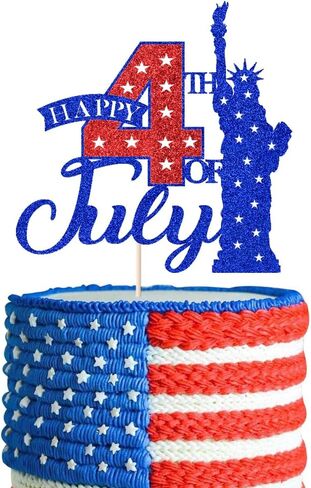 4th of July Happy Birthday Cake Topper,4th of July Cake Decorations,Patriotic Birthday Party Decorations Red and Blue Glitter Firework Independence Day For Veterans’ Day Theme Party Supplies in Kuwait