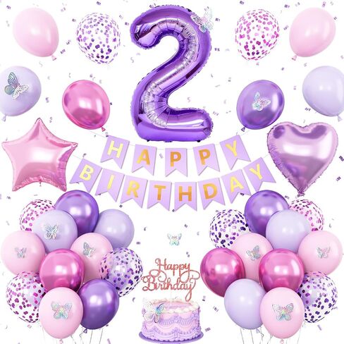 2nd Birthday Decoration for Girls,Pink Purple 2nd Birthday Balloon Number 2 Balloon with Butterfly Stickers Star Heart Foil Balloon Happy Birthday Banner for Baby 2 Year Old Party Decor in Saudi Arabia
