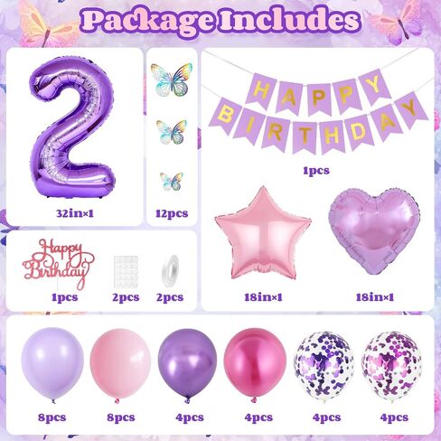 2nd Birthday Decoration for Girls,Pink Purple 2nd Birthday Balloon Number 2 Balloon with Butterfly Stickers Star Heart Foil Balloon Happy Birthday Banner for Baby 2 Year Old Party Decor in Saudi Arabia