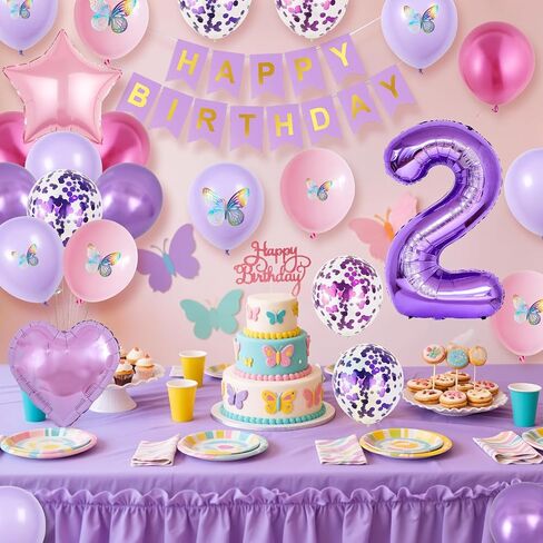 2nd Birthday Decoration for Girls,Pink Purple 2nd Birthday Balloon Number 2 Balloon with Butterfly Stickers Star Heart Foil Balloon Happy Birthday Banner for Baby 2 Year Old Party Decor in Saudi Arabia