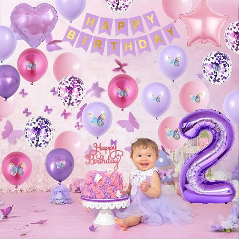2nd Birthday Decoration for Girls,Pink Purple 2nd Birthday Balloon Number 2 Balloon with Butterfly Stickers Star Heart Foil Balloon Happy Birthday Banner for Baby 2 Year Old Party Decor in Saudi Arabia