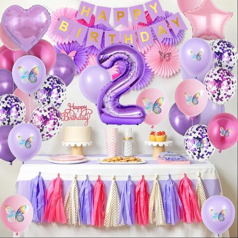 2nd Birthday Decoration for Girls,Pink Purple 2nd Birthday Balloon Number 2 Balloon with Butterfly Stickers Star Heart Foil Balloon Happy Birthday Banner for Baby 2 Year Old Party Decor in Saudi Arabia