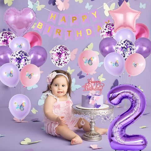 2nd Birthday Decoration for Girls,Pink Purple 2nd Birthday Balloon Number 2 Balloon with Butterfly Stickers Star Heart Foil Balloon Happy Birthday Banner for Baby 2 Year Old Party Decor in Saudi Arabia