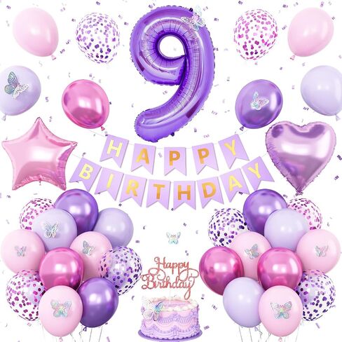 2nd Birthday Decoration for Girls,Pink Purple 2nd Birthday Balloon Number 2 Balloon with Butterfly Stickers Star Heart Foil Balloon Happy Birthday Banner for Baby 2 Year Old Party Decor in Saudi Arabia