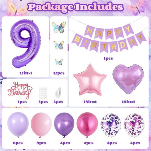 2nd Birthday Decoration for Girls,Pink Purple 2nd Birthday Balloon Number 2 Balloon with Butterfly Stickers Star Heart Foil Balloon Happy Birthday Banner for Baby 2 Year Old Party Decor in Saudi Arabia
