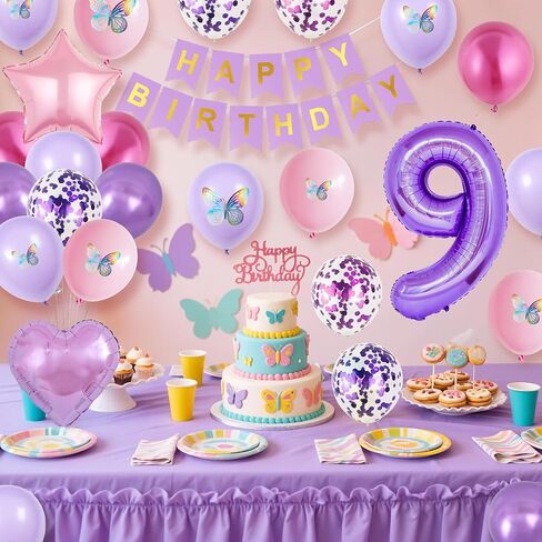 2nd Birthday Decoration for Girls,Pink Purple 2nd Birthday Balloon Number 2 Balloon with Butterfly Stickers Star Heart Foil Balloon Happy Birthday Banner for Baby 2 Year Old Party Decor in Saudi Arabia