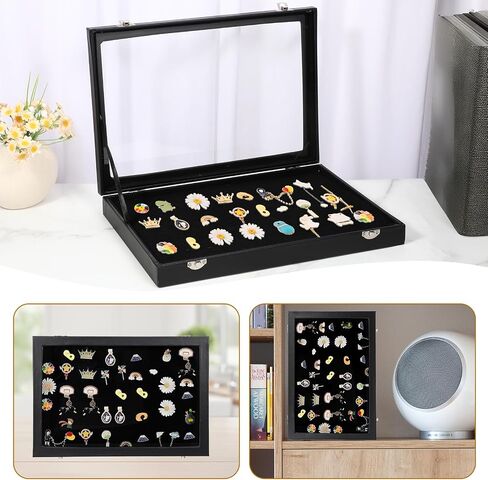 Enamel Pin Display Case Large Enamel Pins Display Frame Dustproof Pin Collection Showcase Storage Organizer Box with Glass 14" X 9" Shadow Box for Military Medals Beach Tags Jewelry Ribbon in Saudi Arabia
