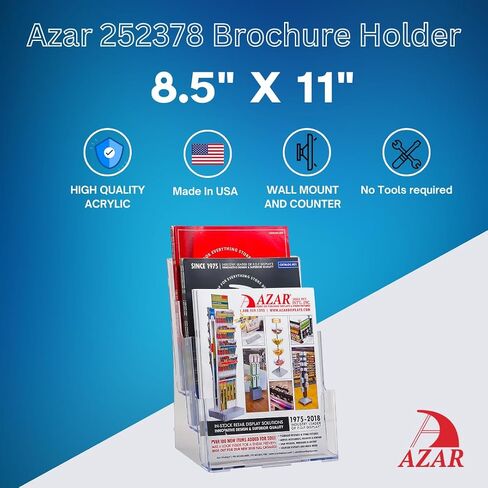 Azar Displays 252376 Four Tier, Four Pocket Letter Brochure File Holder for Flyer, Office Supplies, Paper Document or Magazines, Clear Organizer for Wall and Counter Desktop Stand, 8.5" x 11" in Kuwait