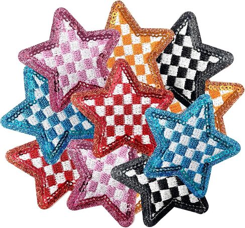 Embroidered Applique 10Pcs Sequin Stars Iron On Patches Checkerboard Cute Sew On Lovely DIY Craft Accessories for Clothing Backpacks Jackets Bag in Saudi Arabia
