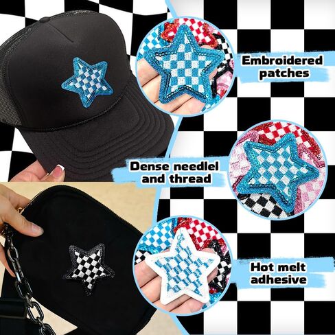 Embroidered Applique 10Pcs Sequin Stars Iron On Patches Checkerboard Cute Sew On Lovely DIY Craft Accessories for Clothing Backpacks Jackets Bag in Saudi Arabia