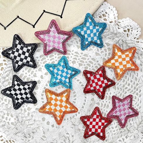 Embroidered Applique 10Pcs Sequin Stars Iron On Patches Checkerboard Cute Sew On Lovely DIY Craft Accessories for Clothing Backpacks Jackets Bag in Saudi Arabia