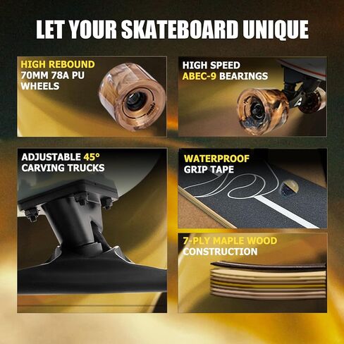 46 "لوح التزلج Longboard للأطفال المراهقين والكبار ، Pro Cruiser Surfskate Longboard ، 7 طبقات من خشب القيقب الخشب مزدوج ركلة مقعرة ، محامل ABEC-9 ، عجلات كبيرة 70 مم ، شاحنات الألومنيوم in Kuwait