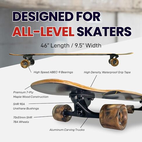 46 "لوح التزلج Longboard للأطفال المراهقين والكبار ، Pro Cruiser Surfskate Longboard ، 7 طبقات من خشب القيقب الخشب مزدوج ركلة مقعرة ، محامل ABEC-9 ، عجلات كبيرة 70 مم ، شاحنات الألومنيوم in Kuwait