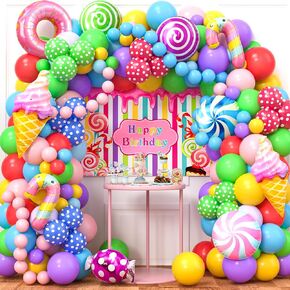 159 Candyland Party Decorations اثنين من اللوازم اللطيف لحفلات عيد الميلاد ، الآيس كريم الملون دونات البالون قوس أغطية الخلفية ، كيد فتاة حلوى ديكور