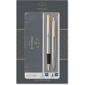 Parker Jotter Duo Gift Set with Ballpoint Pen & Fountain Pen, Stainless Steel with Gold Trim, Blue Ink Refill & Cartridges, Gift Box