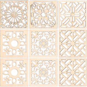 20pcs Unfinished Wood Cutouts, 40mm Hollow Square Wood Slices for Crafts, Unpainted Geometric and Floral Pattern Embellishments Pieces Boho Scrapbooking DIY Card Making Decor