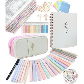 PartyGalore Bible Study Supplies Journaling Kit with Flowers Tabs and Highlighter, Notebook and Ligth Blue Pen Case, Bible Annotation kit, Bible Study Group Essentials Accessories for Women Beginner