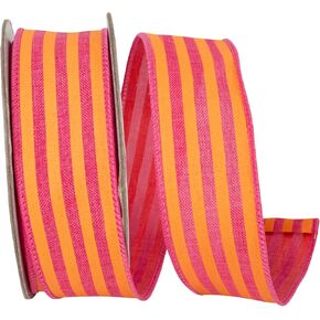 Reliant Ribbon Broad Striped Linen Value Wired Edge, Orange/Fuchsia, 1-1/2 Inch, 10 Yards
