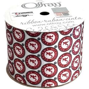 2.5" Alabama Ribbon, Licensed by Offray - Crimson Tide Double Face Satin Polyester Ribbon, 165 Inches (Red)