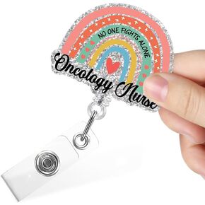 No One Fights Alone Oncology Nurse Funny Rainbow Retractable Badge Reel with Alligator Clip, Glitter Badge Holder for Cancer Care, Cancer Nurse Appreciation Gift